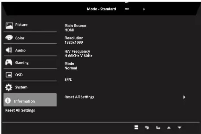 Mode - Standard Main Source HDMI Resolution 1920x1080 H/V Frequency H 66KHz V 60Hz Mode Normal S/N: Reset All Settings Picture Color Audio Gaming QSD System Information Reset All Settings