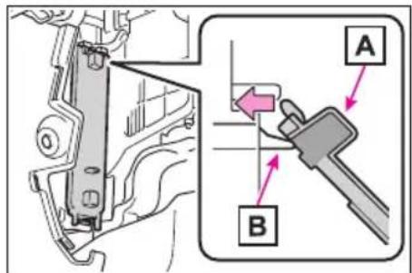 Technical diagram showing mechanical assembly with labeled parts A and B, including directional arrows and component details.