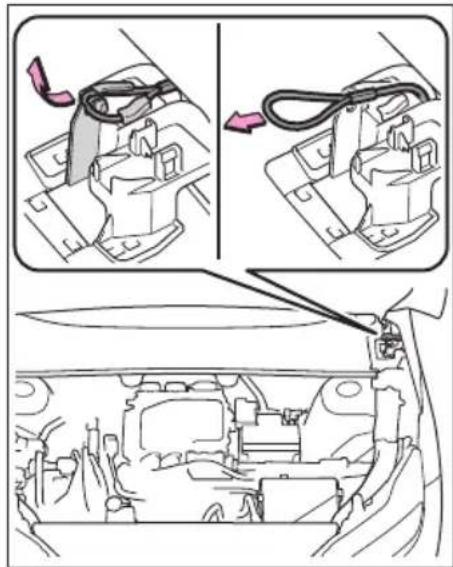 Technical diagram showing car engine compartmentalature with close-up views and component details