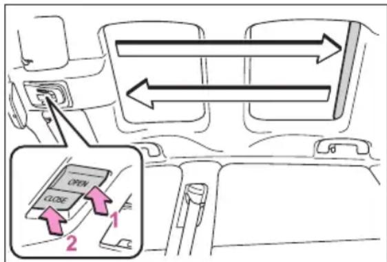 Diagram showing car seatbelt switch with directional arrows and a highlighted open close button labeled 1 and 2.