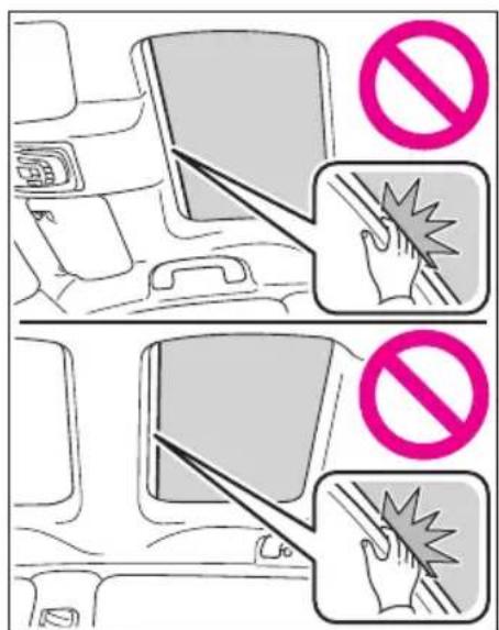 Diagram illustrating seatbelt clearance rules with prohibition symbols and hand icons