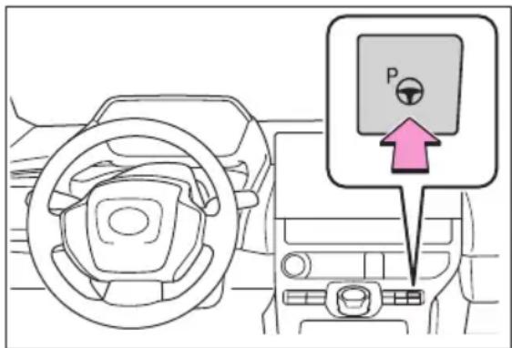 Diagram showing car interior with steering wheel, parking pad labeled 'P', and directional arrow pointing to the parking area.