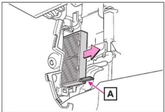 Technical diagram showing a mechanical component with labeled parts A and an arrow indicating direction or force.