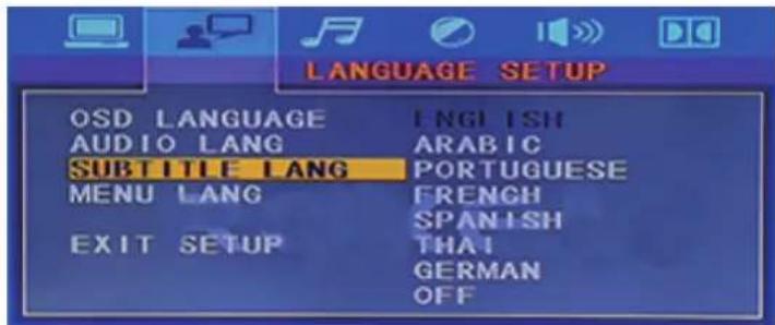 LANGUAGE SETUP OSD LANGUAGE ENGLISH AUDIO LANG ARABIC SUBTITLE LANG PORTUGUESE MENU LANG FRENCH SPANISH EXIT SETUP THAI GERMAN OFF