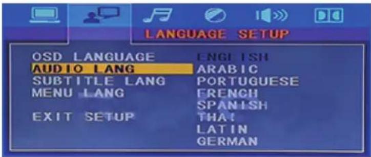 LANGUAGE SETUP OSD LANGUAGE ENGLISH AUDIO LANG ARABIC SUBTITLE LANG PORTUGUESE MENU LANG EFRENCH SPANISH EXIT SETUP THAT LATIN GERMAN