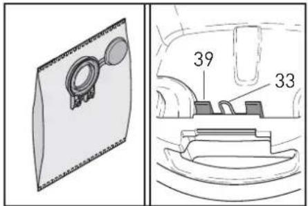 Technical diagram showing a magnified view of a device with labeled parts 39 and 33, alongside a close-up of the internal structure.