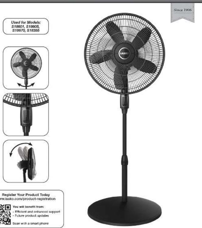 Lasko S18605 - 18" Adjustable Pedestal Fan Instruction Manual - 1