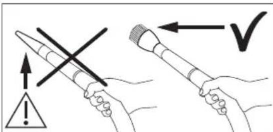 Diagram illustrating correct and incorrect ways to inspect a tool, with warning symbols and checkmark indicators