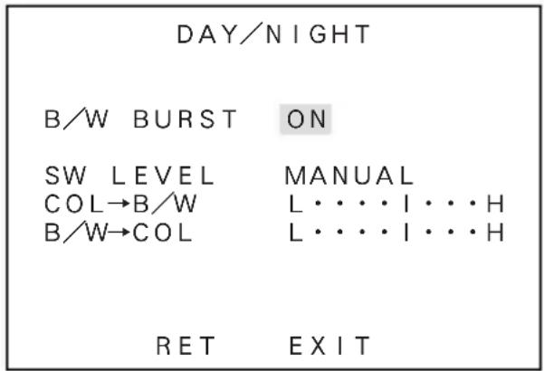 DAY/NIGHT B/W BURST ON SW LEVEL MANUAL COL→B/W L·····I···H B/W→COL L·····I···H RET EXIT