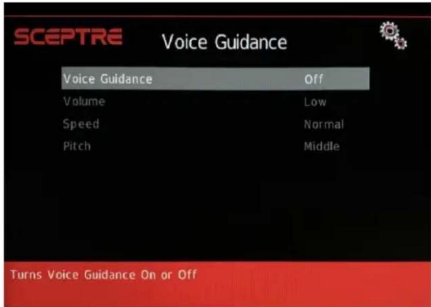 SCEPTRE Voice Guidance Voice Guidance Off Volume Low Speed Normal Pitch Middle Turns Voice Guidance On or Off