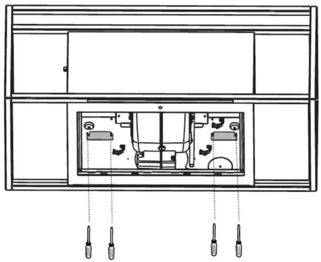 Technical line drawing of a cabinet interior with internal components and screwdrivers (no text or symbols)