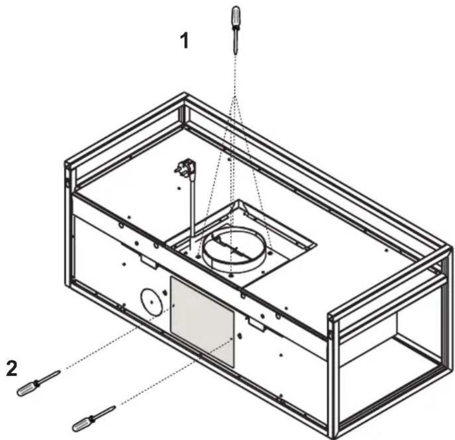 Technical diagram of a device with labeled components and assembly lines, showing internal components and tool tips.