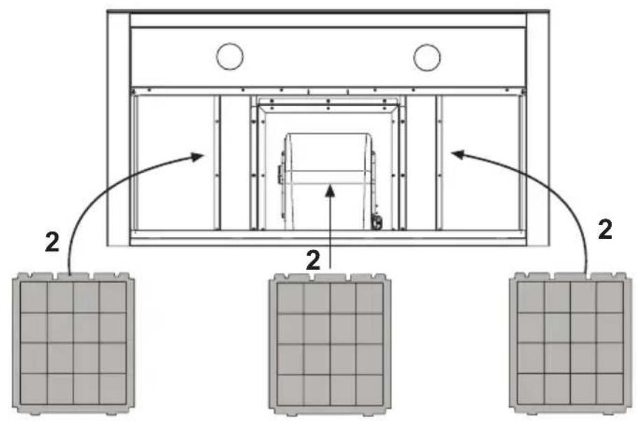 Diagram showing a structural layout with numbered components and directional arrows indicating flow or movement between panels.