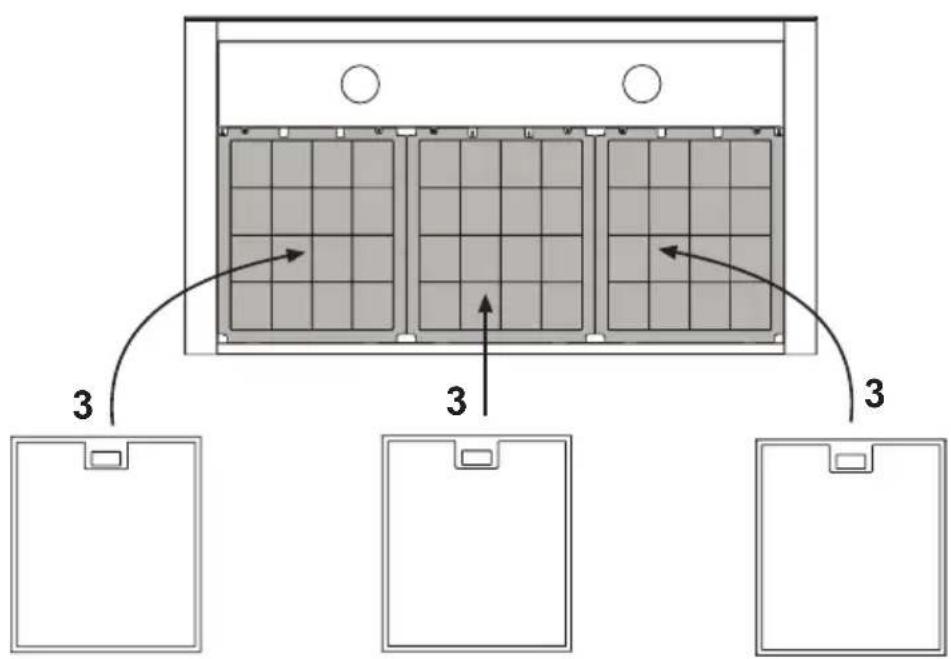 Diagram showing three panels with numbered annotations indicating structural components or positioning.