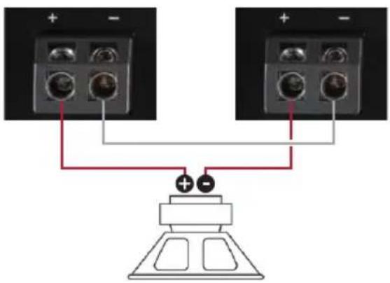 Diagram showing two identical electrical connectors connected to a terminal device with polarity labels and connection points.