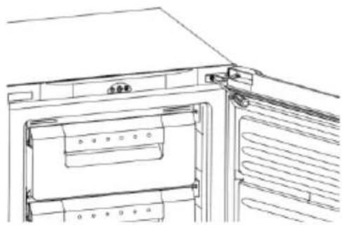 Line drawing of a refrigerator interior with door, vent, and ventilation slots (no text or symbols)