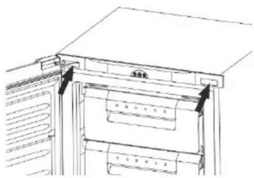 Line drawing of a refrigerator interior showing door, drawer, and shelf (no text or symbols)