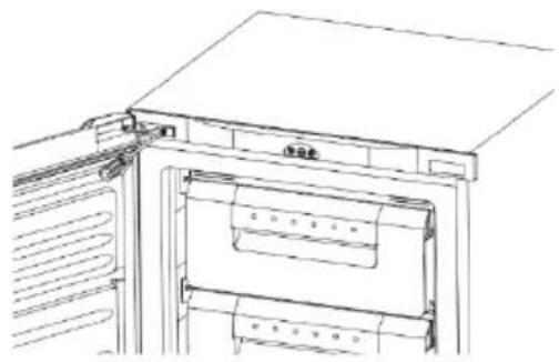 Technical line drawing of an open refrigerator with door, drawer, and front panel (no text or symbols)