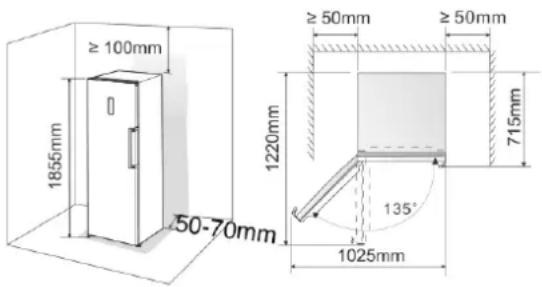 ≥ 100mm 1855mm 50-70mm ≥ 50mm ≥ 50mm 1220mm 715mm 135° 1025mm