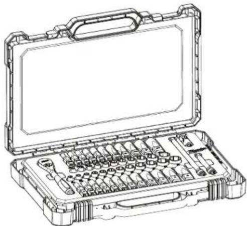 Line drawing of a mechanical tool kit with open casing and internal components (no text or symbols)