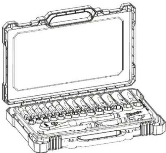 Technical line drawing of an open hard-shell tool kit with multiple screw holes and a handle (no text or labels)