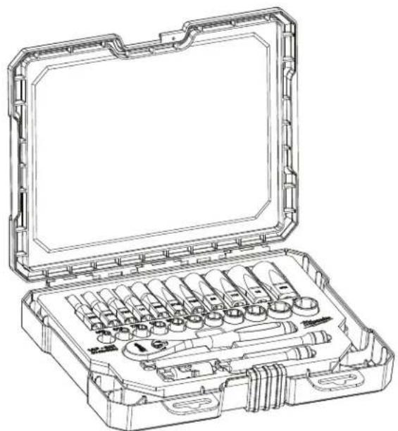Technical line drawing of a mechanical tool kit with open casing and internal components (no text or symbols)