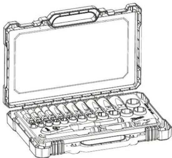 Technical line drawing of a mechanical tool kit with open casing and multiple cylindrical components (no text or symbols)