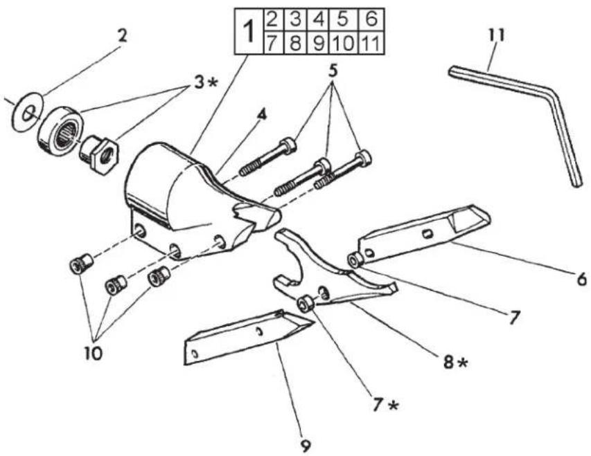 Technical diagram of a mechanical assembly with numbered parts and a grid of numbered items, likely for assembly or manufacturing purposes.