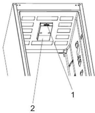 Technical diagram of a door frame with labeled components and directional arrows indicating parts 1 and 2.