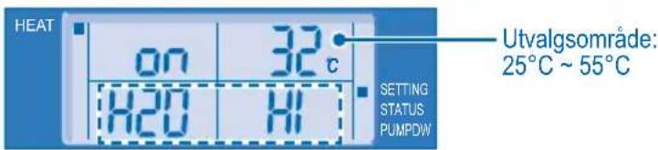 HEAT on 32° H20 HI Setting STATUS PUMPDW Utvalgsområde: 25°C ~ 55°C