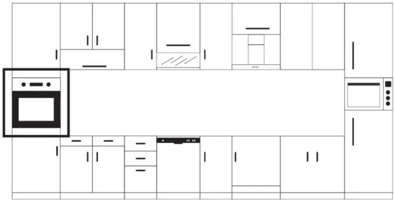 Architectural floor plan of a kitchen with labeled appliances and fixtures