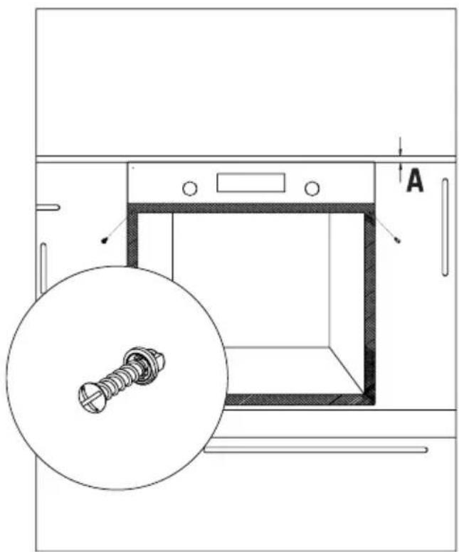 Technical diagram showing a screw installation inside a washing machine with labeled component A and a magnified view of the screw.