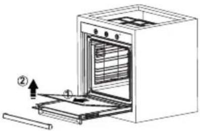 Diagram of an oven with labeled parts and directional arrows indicating assembly or installation steps