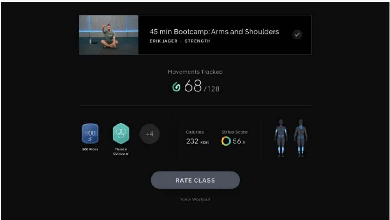 45 min Bootcamp: Arms and Shoulders ERIK JÄGER · STRENGTH Movements Tracked 68 / 128 500 300 Rides Three's Company +4 Calories 232 kcal Strive Score 56.1 RATE CLASS View Workout
