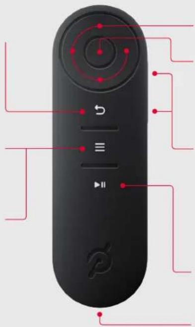 Diagram of a black remote control with labeled buttons and red annotations indicating function keys or connections.