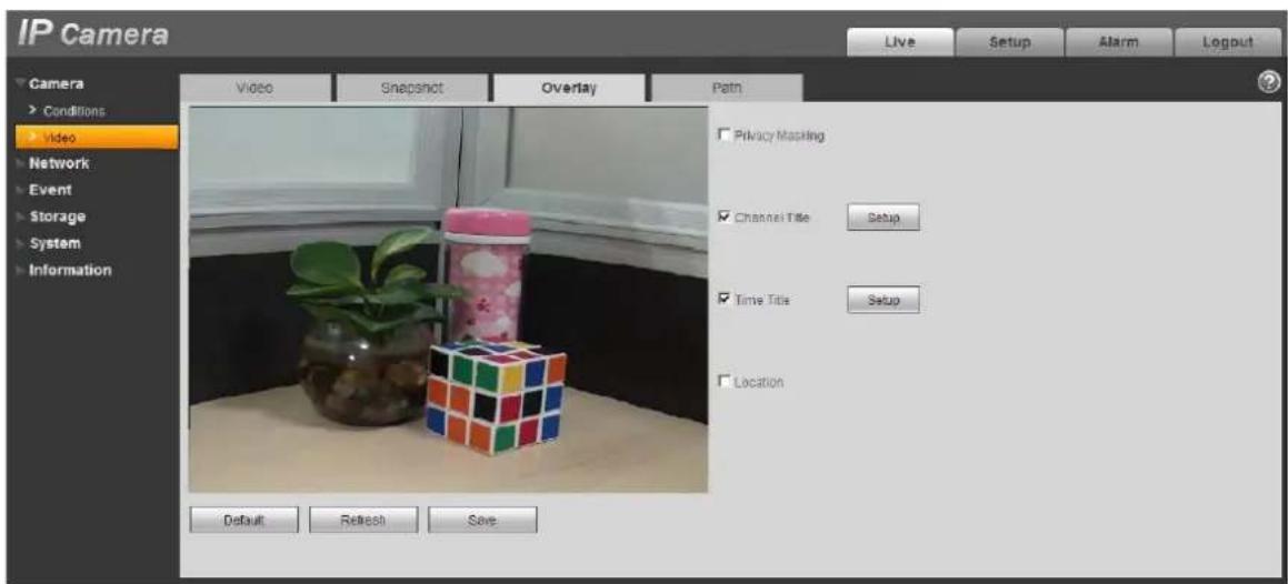 IP Camera Camera > Conditions Video Network Event Storage System Information Video Snapshot Overlay Path Live Setup Alarm Logout Privacy Masking Channel Title Setup Time Title Setup Location Default Refresh Save