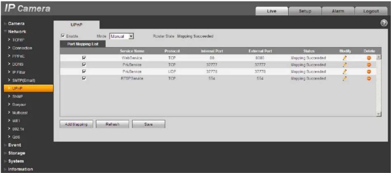 IP Camera UPnP Enable Mode Manual Router State Mapping Succeeded Port Mapping List Service Name Protocol Internal Port External Port Status Modify Delete ✓ WebService TCP 80 8000 Mapping Succeeded ✓ PriService TCP 37777 37777 Mapping Succeeded ✓ PriService UDP 37778 37778 Mapping Succeeded ✓ RT9P Service TCP 554 554 Mapping Succeeded Add Mapping Refresh Save