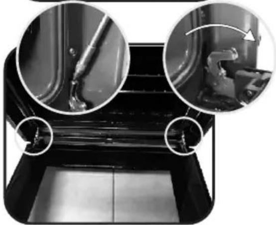 Close-up of mechanical components with circular insets showing pipe fittings and a curved arrow indicating motion (no text or symbols)