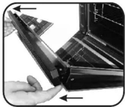 Close-up of a hand interacting with a black metal bracket or panel, showing structural details and arrows indicating movement (no visible text or symbols)