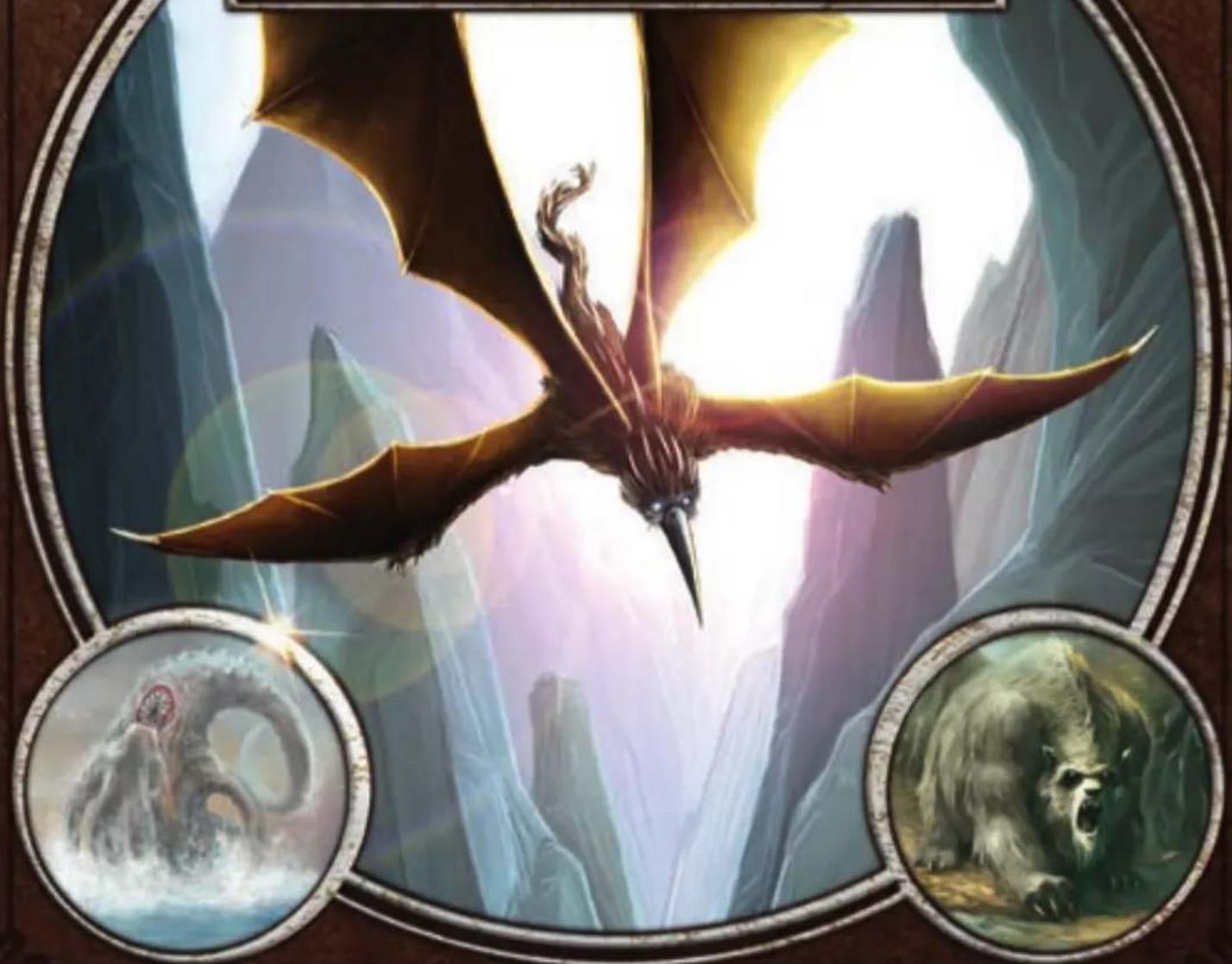 Fantasy illustration of a mythical creature flying over icy mountains, with two circular inset images showing detailed creatures (no text or symbols)