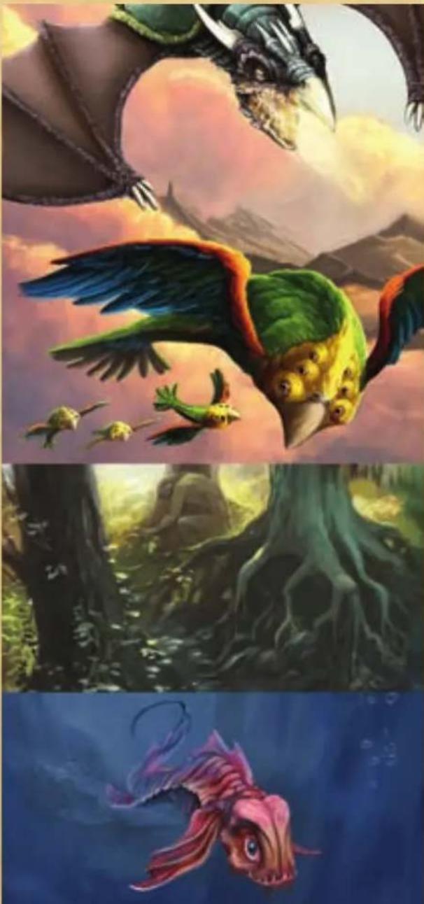 Illustration of three fantasy marine creatures: a green and yellow dragon in flight, a colorful tree with birds, and a pink fish swimming underwater (no text or symbols)