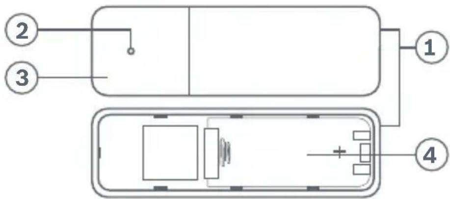 Diagram of a device layout with labeled components and connections, including ports 1, 2, 3 and a central chamber with speaker and indicator.
