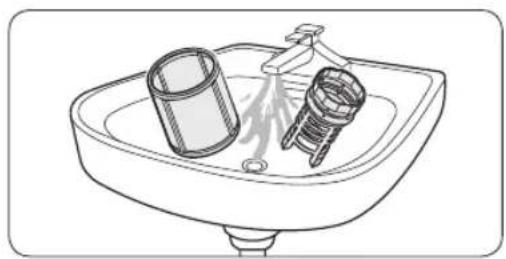 Line drawing of a sink with a cylindrical object and a screwdriver. No text or symbols present.
