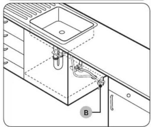 Technical line drawing of a kitchen sink and stainless steel counter with piping and valve, no text or symbols.