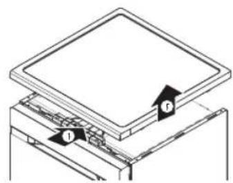 Technical diagram showing layered structure with labeled components I and F, likely representing a mechanical or electronic assembly.