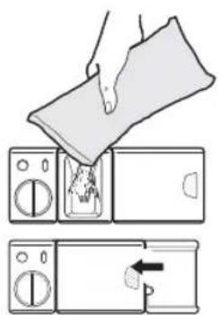 Diagram showing a hand cleaning a microwave oven with a cloth cover, illustrating the process from washing to cleaning.