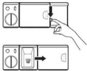 Diagram showing hand pressing down on a microwave oven with a brush and fan, indicating action or operation.