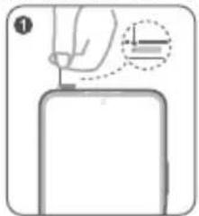 Diagram showing a hand holding a tool above a rectangular object with an arrow and dotted line indicating a step or direction.