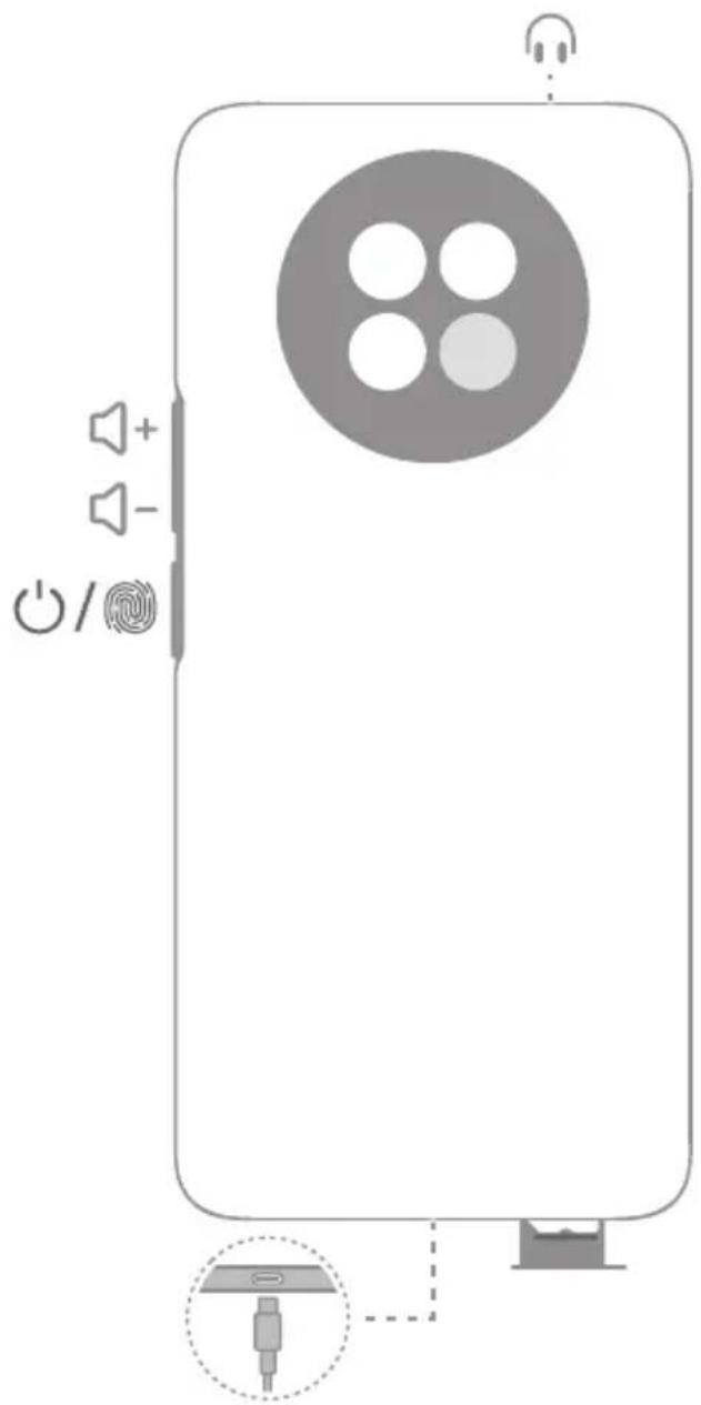 Diagram of a mobile device with labeled ports and a film reel, showing audio input, speaker, and port connections.