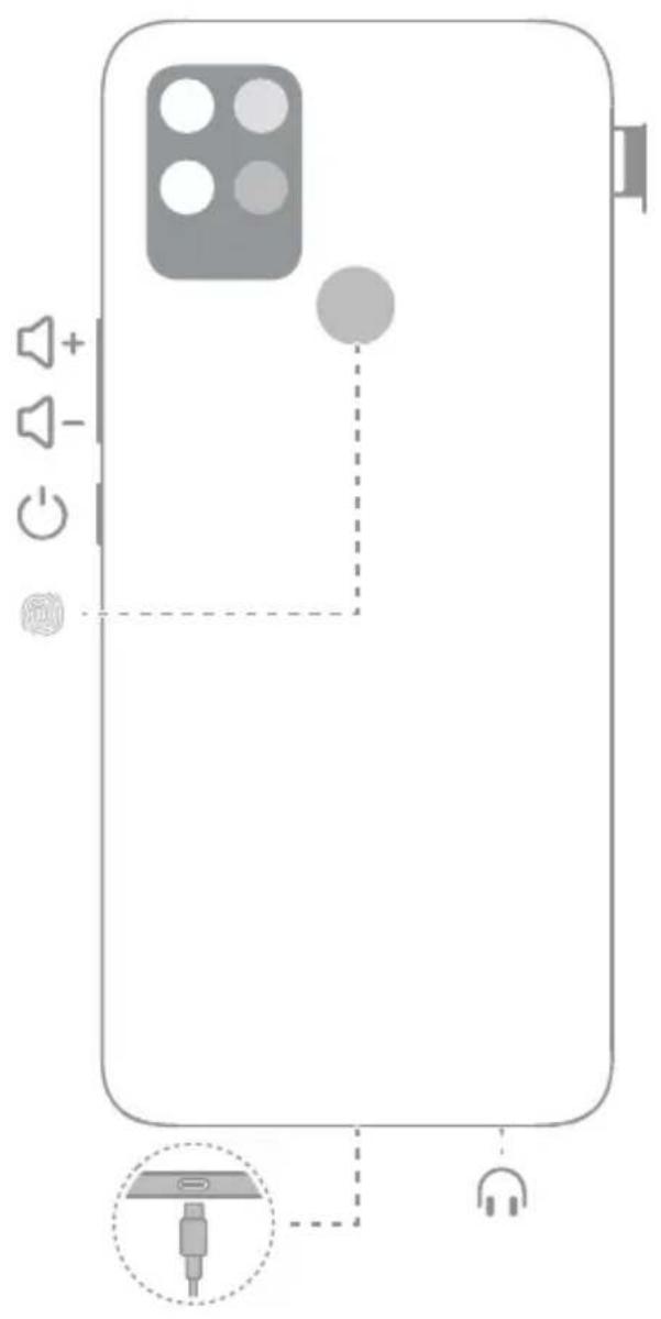 Diagram of a smartphone screen with labeled buttons and a device icon, showing navigation and audio control icons.